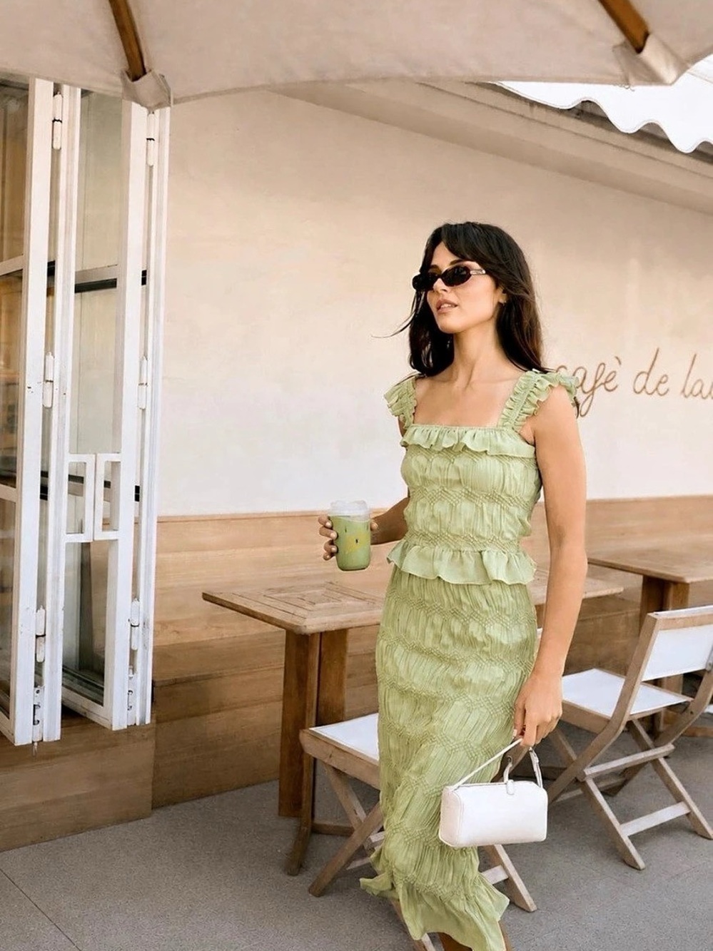 WAYF Smocked Ruffle Top and midi skirt in Green Like New